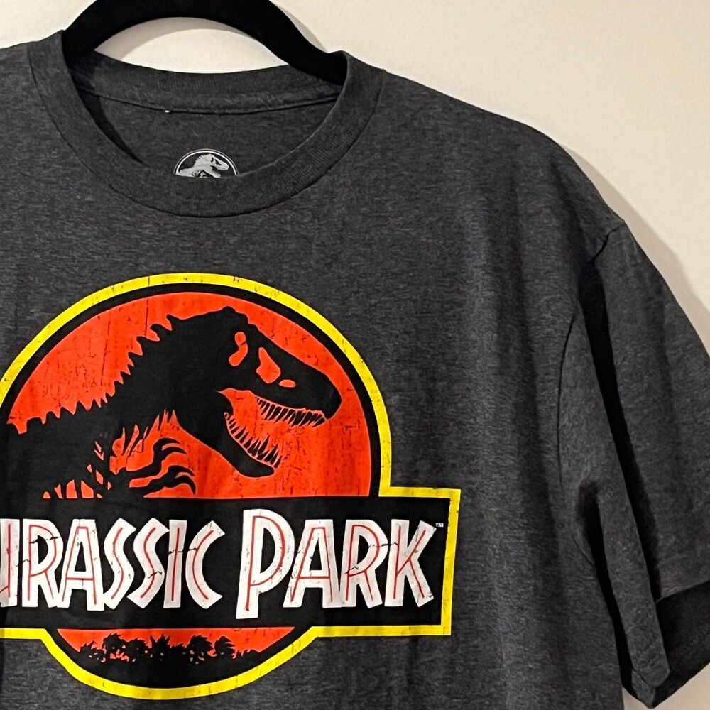 Jurassic Park Mens Graphic T-Shirt Charcoal Heather Gray Movie Logo Tee Large